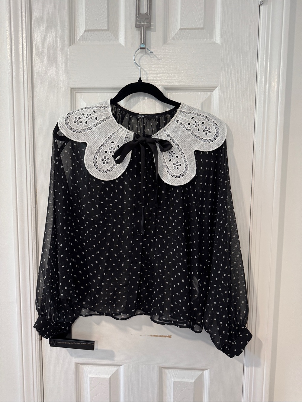 Zara Black Polka Dot Sheer Blouse with Oversized Lace Collar – L
